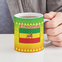 Ethiopia Christmas Ceramic Mug with Mountain Gazelle Sunset Ethiopian Flag Colors and Tribal Pattern Design - Wonder Print Shop