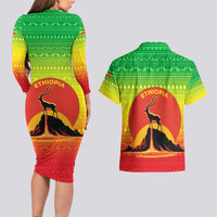 Ethiopia Christmas Couples Matching Long Sleeve Bodycon Dress and Hawaiian Shirt with Mountain Gazelle Sunset Ethiopian Flag Colors and Tribal Pattern Design - Wonder Print Shop