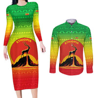 Ethiopia Christmas Couples Matching Long Sleeve Bodycon Dress and Long Sleeve Button Shirt with Mountain Gazelle Sunset Ethiopian Flag Colors and Tribal Pattern Design - Wonder Print Shop