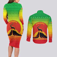 Ethiopia Christmas Couples Matching Long Sleeve Bodycon Dress and Long Sleeve Button Shirt with Mountain Gazelle Sunset Ethiopian Flag Colors and Tribal Pattern Design - Wonder Print Shop