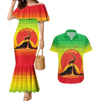 Ethiopia Christmas Couples Matching Mermaid Dress and Hawaiian Shirt with Mountain Gazelle Sunset Ethiopian Flag Colors and Tribal Pattern Design - Wonder Print Shop