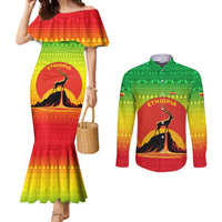 Ethiopia Christmas Couples Matching Mermaid Dress and Long Sleeve Button Shirt with Mountain Gazelle Sunset Ethiopian Flag Colors and Tribal Pattern Design - Wonder Print Shop