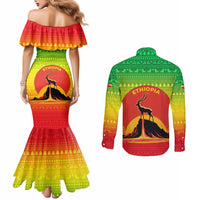 Ethiopia Christmas Couples Matching Mermaid Dress and Long Sleeve Button Shirt with Mountain Gazelle Sunset Ethiopian Flag Colors and Tribal Pattern Design - Wonder Print Shop