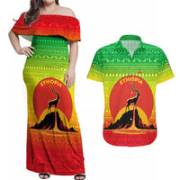 Ethiopia Christmas Couples Matching Off Shoulder Maxi Dress and Hawaiian Shirt with Mountain Gazelle Sunset Ethiopian Flag Colors and Tribal Pattern Design - Wonder Print Shop