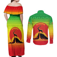 Ethiopia Christmas Couples Matching Off Shoulder Maxi Dress and Long Sleeve Button Shirt with Mountain Gazelle Sunset Ethiopian Flag Colors and Tribal Pattern Design - Wonder Print Shop