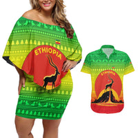 Ethiopia Christmas Couples Matching Off Shoulder Short Dress and Hawaiian Shirt with Mountain Gazelle Sunset Ethiopian Flag Colors and Tribal Pattern Design - Wonder Print Shop