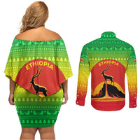 Ethiopia Christmas Couples Matching Off Shoulder Short Dress and Long Sleeve Button Shirt with Mountain Gazelle Sunset Ethiopian Flag Colors and Tribal Pattern Design - Wonder Print Shop