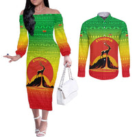 Ethiopia Christmas Couples Matching Off The Shoulder Long Sleeve Dress and Long Sleeve Button Shirt with Mountain Gazelle Sunset Ethiopian Flag Colors and Tribal Pattern Design - Wonder Print Shop