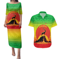 Ethiopia Christmas Couples Matching Puletasi and Hawaiian Shirt with Mountain Gazelle Sunset Ethiopian Flag Colors and Tribal Pattern Design - Wonder Print Shop