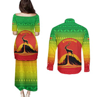 Ethiopia Christmas Couples Matching Puletasi and Long Sleeve Button Shirt with Mountain Gazelle Sunset Ethiopian Flag Colors and Tribal Pattern Design - Wonder Print Shop