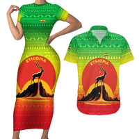Ethiopia Christmas Couples Matching Short Sleeve Bodycon Dress and Hawaiian Shirt with Mountain Gazelle Sunset Ethiopian Flag Colors and Tribal Pattern Design - Wonder Print Shop