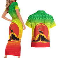 Ethiopia Christmas Couples Matching Short Sleeve Bodycon Dress and Hawaiian Shirt with Mountain Gazelle Sunset Ethiopian Flag Colors and Tribal Pattern Design - Wonder Print Shop