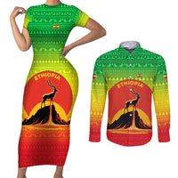 Ethiopia Christmas Couples Matching Short Sleeve Bodycon Dress and Long Sleeve Button Shirt with Mountain Gazelle Sunset Ethiopian Flag Colors and Tribal Pattern Design - Wonder Print Shop