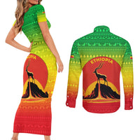 Ethiopia Christmas Couples Matching Short Sleeve Bodycon Dress and Long Sleeve Button Shirt with Mountain Gazelle Sunset Ethiopian Flag Colors and Tribal Pattern Design - Wonder Print Shop