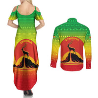 Ethiopia Christmas Couples Matching Summer Maxi Dress and Long Sleeve Button Shirt with Mountain Gazelle Sunset Ethiopian Flag Colors and Tribal Pattern Design - Wonder Print Shop