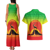 Ethiopia Christmas Couples Matching Tank Maxi Dress and Hawaiian Shirt with Mountain Gazelle Sunset Ethiopian Flag Colors and Tribal Pattern Design - Wonder Print Shop