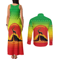 Ethiopia Christmas Couples Matching Tank Maxi Dress and Long Sleeve Button Shirt with Mountain Gazelle Sunset Ethiopian Flag Colors and Tribal Pattern Design - Wonder Print Shop