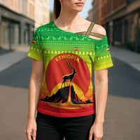 Ethiopia Christmas Cross Shoulder Shirt with Mountain Gazelle Sunset Ethiopian Flag Colors and Tribal Pattern Design - Wonder Print Shop