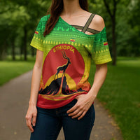 Ethiopia Christmas Cross Shoulder Shirt with Mountain Gazelle Sunset Ethiopian Flag Colors and Tribal Pattern Design - Wonder Print Shop