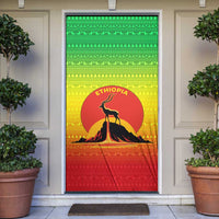 Ethiopia Christmas Door Cover with Mountain Gazelle Sunset Ethiopian Flag Colors and Tribal Pattern Design - Wonder Print Shop