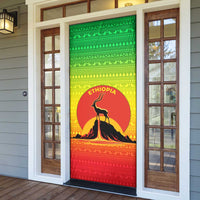 Ethiopia Christmas Door Cover with Mountain Gazelle Sunset Ethiopian Flag Colors and Tribal Pattern Design - Wonder Print Shop