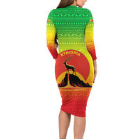 Ethiopia Christmas Family Matching Long Sleeve Bodycon Dress and Hawaiian Shirt with Mountain Gazelle Sunset Ethiopian Flag Colors and Tribal Pattern Design - Wonder Print Shop