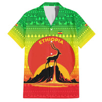 Ethiopia Christmas Family Matching Off The Shoulder Long Sleeve Dress and Hawaiian Shirt with Mountain Gazelle Sunset Ethiopian Flag Colors and Tribal Pattern Design - Wonder Print Shop
