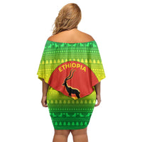 Ethiopia Christmas Family Matching Off Shoulder Short Dress and Hawaiian Shirt with Mountain Gazelle Sunset Ethiopian Flag Colors and Tribal Pattern Design - Wonder Print Shop