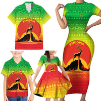 Ethiopia Christmas Family Matching Short Sleeve Bodycon Dress and Hawaiian Shirt with Mountain Gazelle Sunset Ethiopian Flag Colors and Tribal Pattern Design - Wonder Print Shop