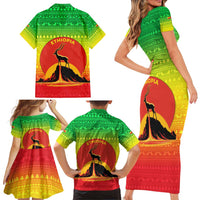 Ethiopia Christmas Family Matching Short Sleeve Bodycon Dress and Hawaiian Shirt with Mountain Gazelle Sunset Ethiopian Flag Colors and Tribal Pattern Design - Wonder Print Shop
