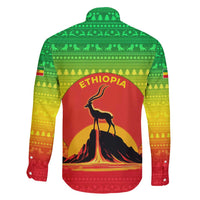 Ethiopia Christmas Family Matching Short Sleeve Bodycon Dress and Hawaiian Shirt with Mountain Gazelle Sunset Ethiopian Flag Colors and Tribal Pattern Design - Wonder Print Shop