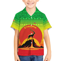 Ethiopia Christmas Family Matching Tank Maxi Dress and Hawaiian Shirt with Mountain Gazelle Sunset Ethiopian Flag Colors and Tribal Pattern Design - Wonder Print Shop
