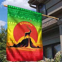 Ethiopia Christmas Garden Flag with Mountain Gazelle Sunset Ethiopian Flag Colors and Tribal Pattern Design - Wonder Print Shop