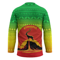 Ethiopia Christmas Hockey Jersey with Mountain Gazelle Sunset Ethiopian Flag Colors and Tribal Pattern Design - Wonder Print Shop