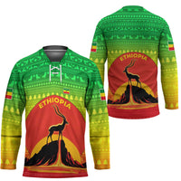 Ethiopia Christmas Hockey Jersey with Mountain Gazelle Sunset Ethiopian Flag Colors and Tribal Pattern Design - Wonder Print Shop