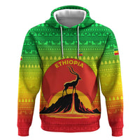 Ethiopia Christmas Hoodie with Mountain Gazelle Sunset Ethiopian Flag Colors and Tribal Pattern Design - Wonder Print Shop