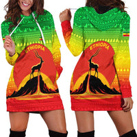 Ethiopia Christmas Hoodie Dress with Mountain Gazelle Sunset Ethiopian Flag Colors and Tribal Pattern Design - Wonder Print Shop