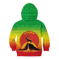 Ethiopia Christmas Kid Hoodie with Mountain Gazelle Sunset Ethiopian Flag Colors and Tribal Pattern Design - Wonder Print Shop