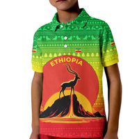 Ethiopia Christmas Kid Polo Shirt with Mountain Gazelle Sunset Ethiopian Flag Colors and Tribal Pattern Design - Wonder Print Shop