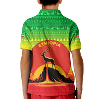 Ethiopia Christmas Kid Polo Shirt with Mountain Gazelle Sunset Ethiopian Flag Colors and Tribal Pattern Design - Wonder Print Shop