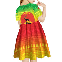 Ethiopia Christmas Kid Short Sleeve Dress with Mountain Gazelle Sunset Ethiopian Flag Colors and Tribal Pattern Design - Wonder Print Shop