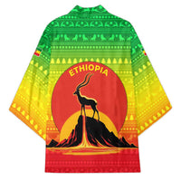 Ethiopia Christmas Kimono with Mountain Gazelle Sunset Ethiopian Flag Colors and Tribal Pattern Design - Wonder Print Shop