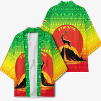 Ethiopia Christmas Kimono with Mountain Gazelle Sunset Ethiopian Flag Colors and Tribal Pattern Design - Wonder Print Shop