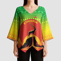 Ethiopia Christmas Kimono Sleeve Blouse with Mountain Gazelle Sunset Ethiopian Flag Colors and Tribal Pattern Design - Wonder Print Shop