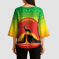 Ethiopia Christmas Kimono Sleeve Blouse with Mountain Gazelle Sunset Ethiopian Flag Colors and Tribal Pattern Design - Wonder Print Shop