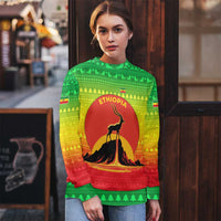 Ethiopia Christmas Ugly Christmas Sweater with Mountain Gazelle Sunset Ethiopian Flag Colors and Tribal Pattern Design - Wonder Print Shop