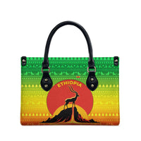 Ethiopia Christmas Leather Bag with Mountain Gazelle Sunset Ethiopian Flag Colors and Tribal Pattern Design - Wonder Print Shop