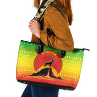Ethiopia Christmas Leather Tote Bag with Mountain Gazelle Sunset Ethiopian Flag Colors and Tribal Pattern Design - Wonder Print Shop