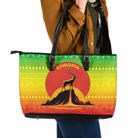 Ethiopia Christmas Leather Tote Bag with Mountain Gazelle Sunset Ethiopian Flag Colors and Tribal Pattern Design - Wonder Print Shop