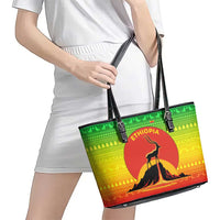 Ethiopia Christmas Leather Tote Bag with Mountain Gazelle Sunset Ethiopian Flag Colors and Tribal Pattern Design - Wonder Print Shop